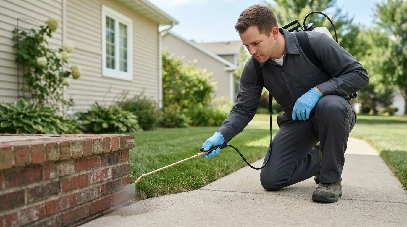 Pest control technician treating a home near Hurst, TX